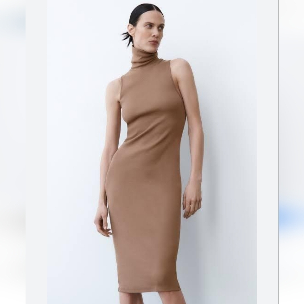 Zara Ribbed Turtleneck Dress Size Medium In Tan